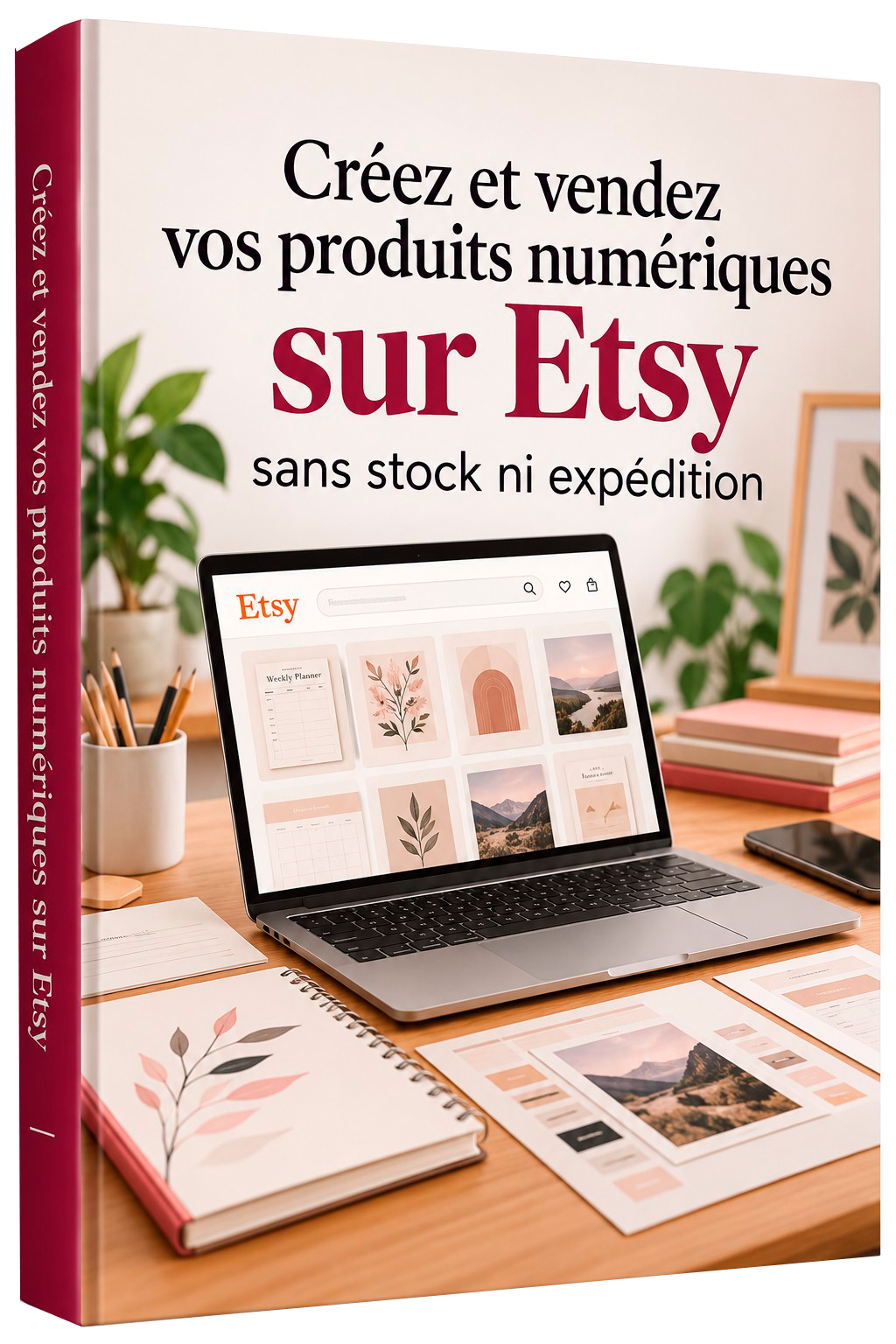 Couverture d'ebook montrant un ordinateur portable avec une boutique Etsy de planners imprimables, des icônes de types de fichiers et une tablette sur un bureau