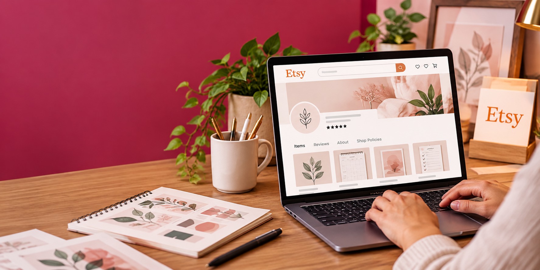 Liste de contrôle de configuration d'une boutique Etsy sur un ordinateur portable, avec un carnet listant des étapes comme choisir un nom de boutique, configurer les paiements et ajouter les politiques de la boutique