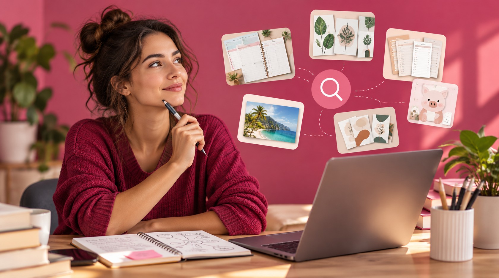 Femme réfléchissant à sa niche devant un tableau blanc, avec des exemples de recherches Etsy comme planner budget, affiches murales et suivi d'habitudes