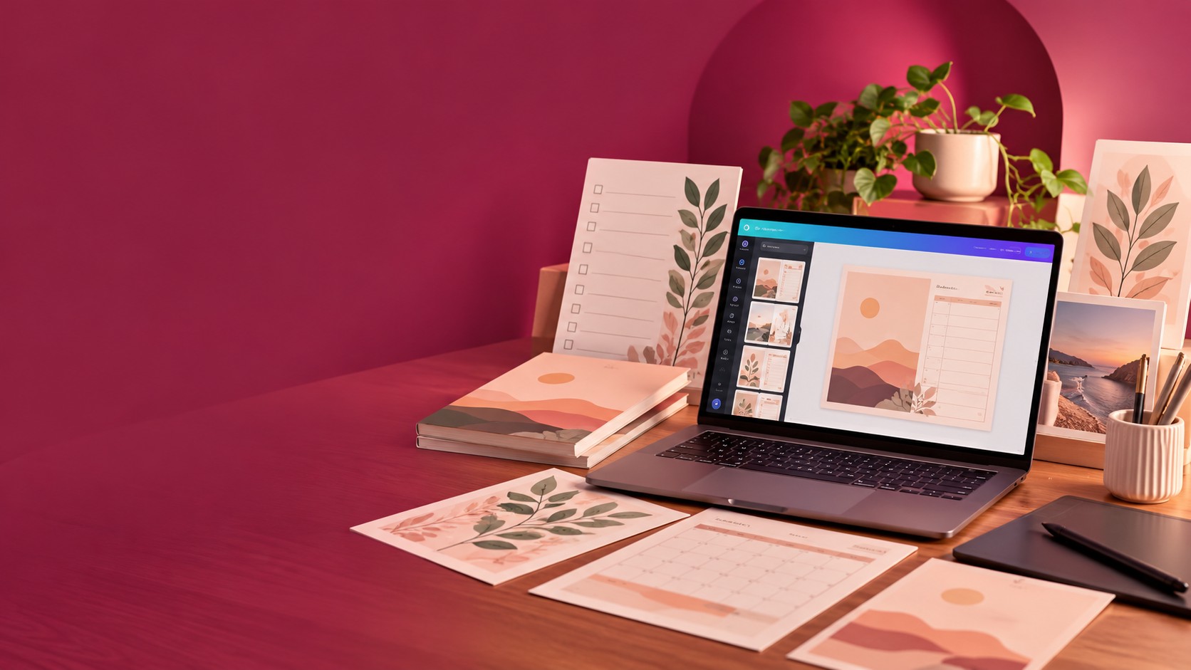 Icônes de Canva, Notion, Procreate et Google Sheets menant à un visuel sur un ordinateur portable, avec des options d'export PDF, PNG et lien