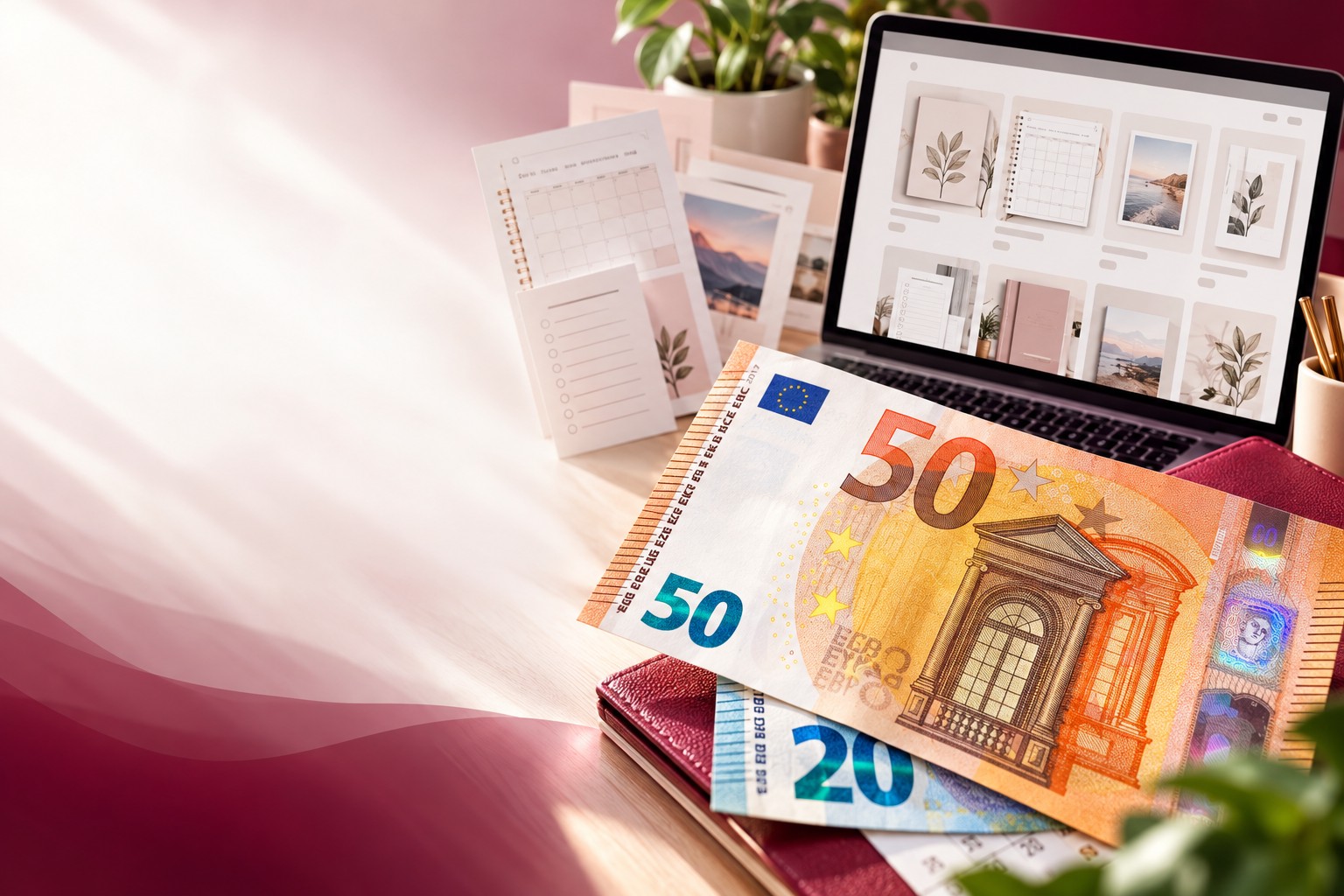 Ordinateur portable affichant une boutique Etsy remplie de planners imprimables et de modèles, à côté d'une tasse de café, d'un carnet, de billets et de pièces