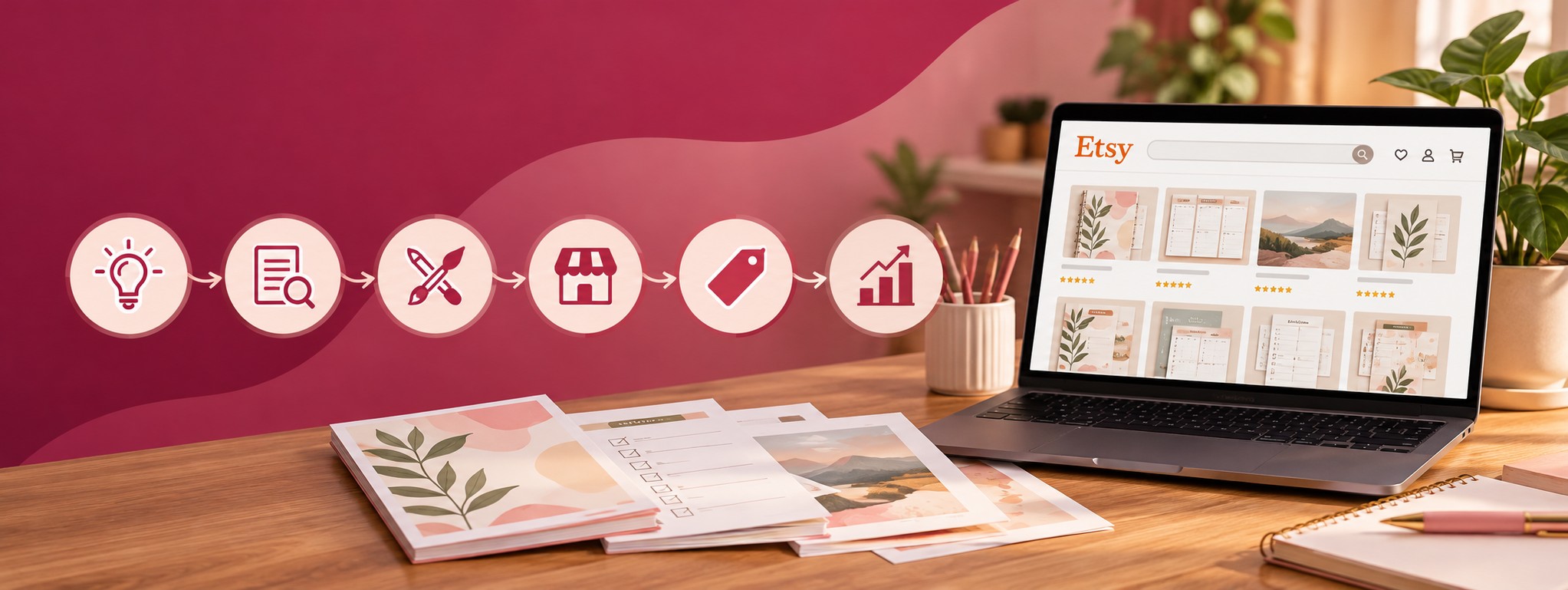 Gagner de l'argent sur Etsy avec des produits numériques : un ordinateur portable affichant une boutique Etsy de planners et de fichiers imprimables sur un bureau bien rangé